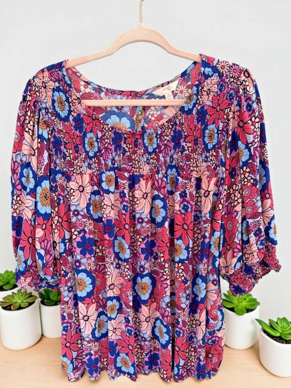 Terra & Sky Multicolor Floral Boho Blouse-Size 2X-Keyhole Back